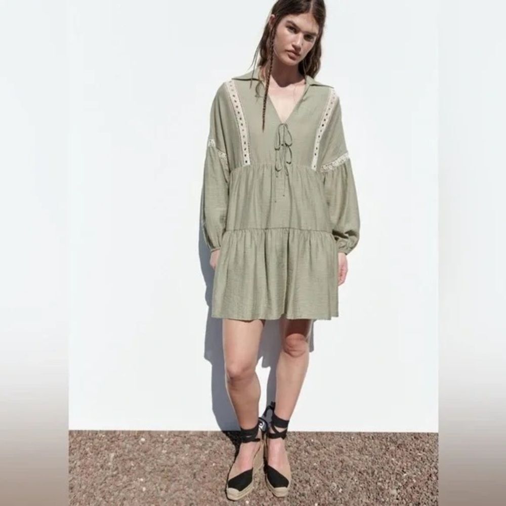ZARA Boho Tiered Flowy Mini Dress Sz Small Loose Fit Lace Green Tie